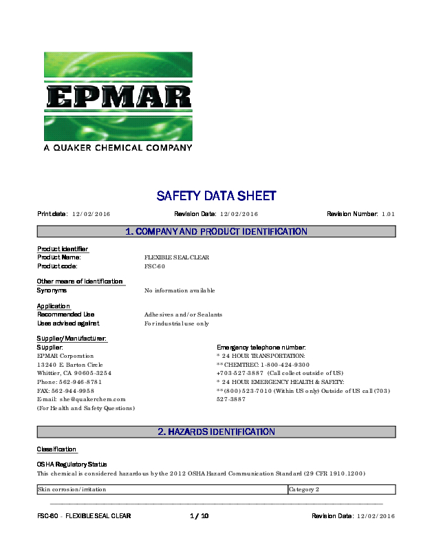 2016 US SDS for FLEXIBLE SEAL CLEAR Part 80065 Cover
