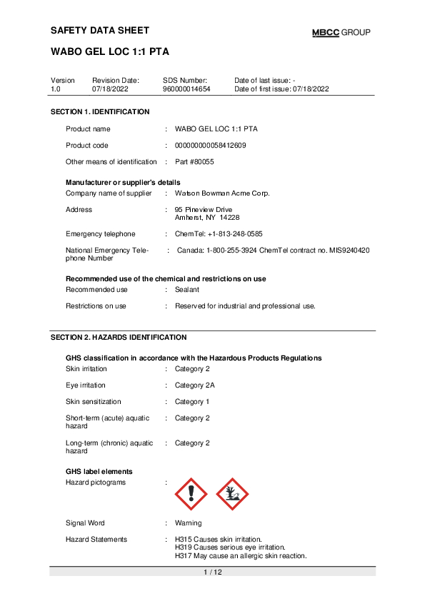 CA SDS for WABO GEL LOC 1 to 1 Part A EN Part 80055 Cover