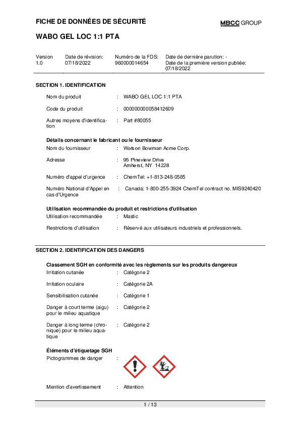 CA SDS for WABO GEL LOC 1 to 1 Part A FR Part 80055 Cover