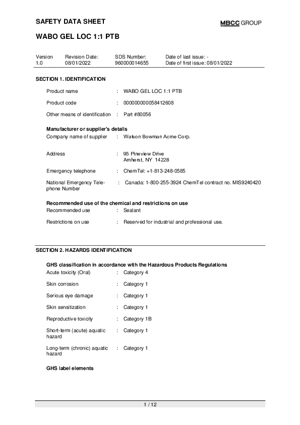 CA SDS for WABO GEL LOC 1 to 1 Part B EN Part 80056 Cover