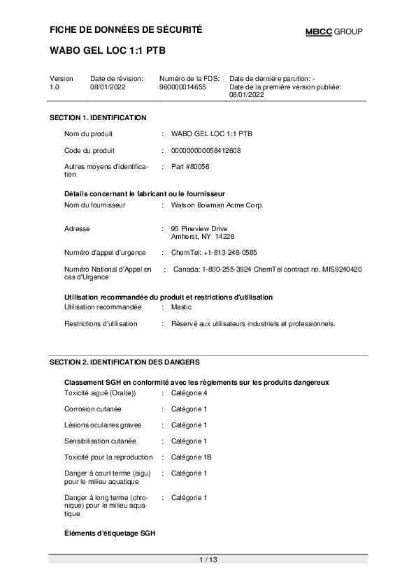 CA SDS for WABO GEL LOC 1 to 1 Part B FR Part 80056 Cover
