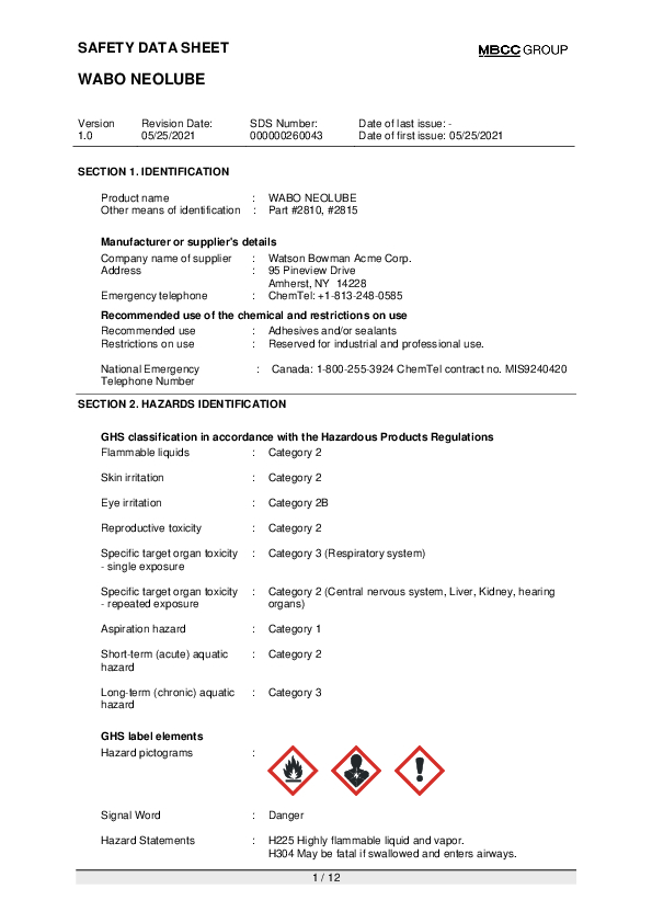 CA SDS for WABO NEOLUBE EN Part 2815 Cover