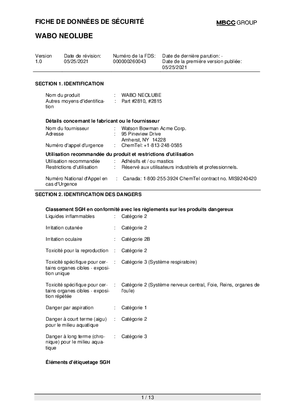 CA SDS for WABO NEOLUBE FR Part 2815 Cover