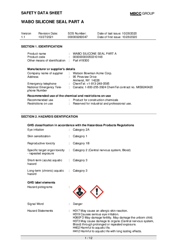 CA SDS for WABO SILICONE SEAL PART A EN Part 19300 Cover