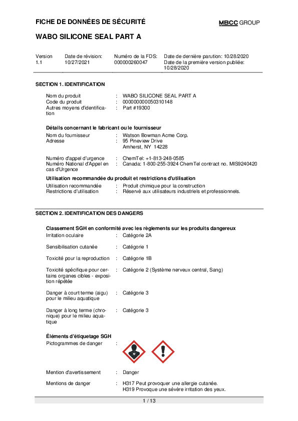 CA SDS for WABO SILICONE SEAL PART A FR Part 19300 Cover