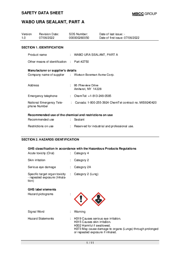 CA SDS for WABO URA SEALANT PART A EN Part 2750 Cover
