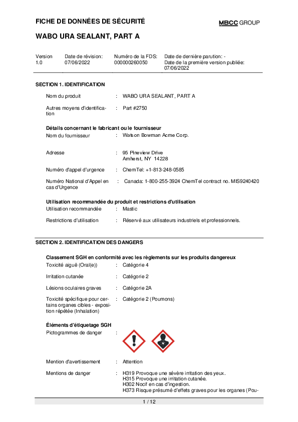 CA SDS for WABO URA SEALANT PART A FR Part 2750 Cover