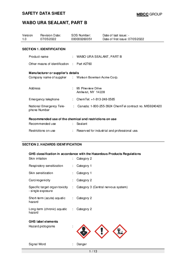 CA SDS for WABO URA SEALANT PART B EN Part 2760 Cover
