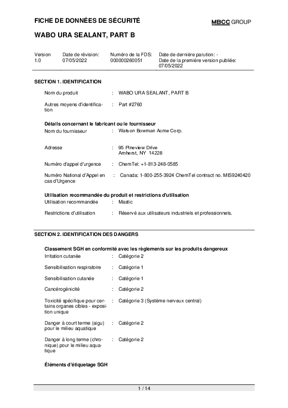 CA SDS for WABO URA SEALANT PART B FR Part 2760 Cover