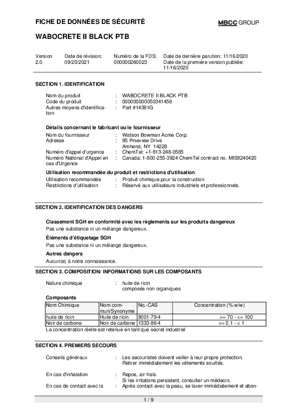 CA SDS for WABOCRETE II BLACK PTB FR Part 14381 G Cover