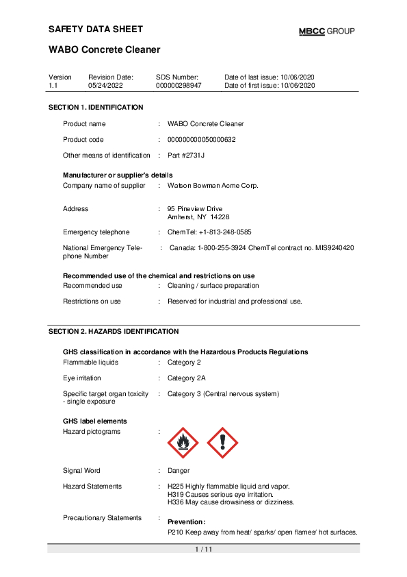 CA SDS for Wabo Concrete Cleaner EN Part 2731 J Cover