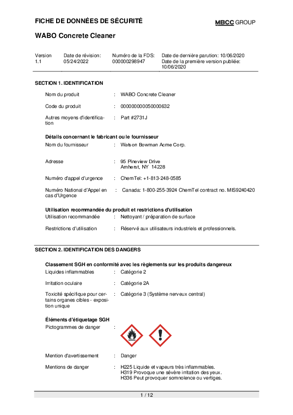 CA SDS for Wabo Concrete Cleaner FR Part 2731 J Cover