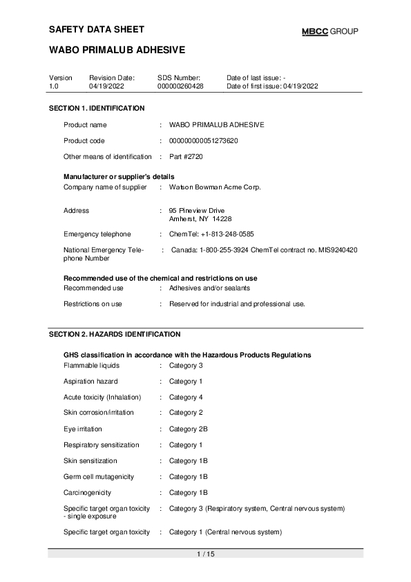 CA SDS for Wabo Prima Lub Adhesive EN Part 2720 Cover