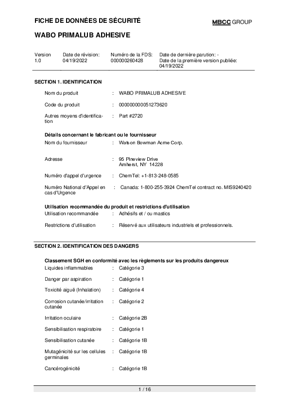 CA SDS for Wabo Prima Lub Adhesive FR Part 2720 Cover