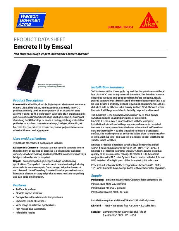 Emcrete II Data Sheet Cover