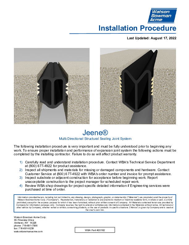 Jeene® (FW, W) Installation Procedure US English Cover