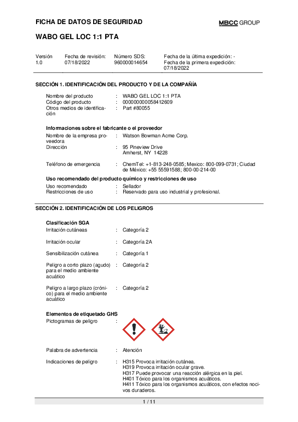 MX SDS for WABO GEL LOC 1 to 1 Part A ES Part 80055 Cover