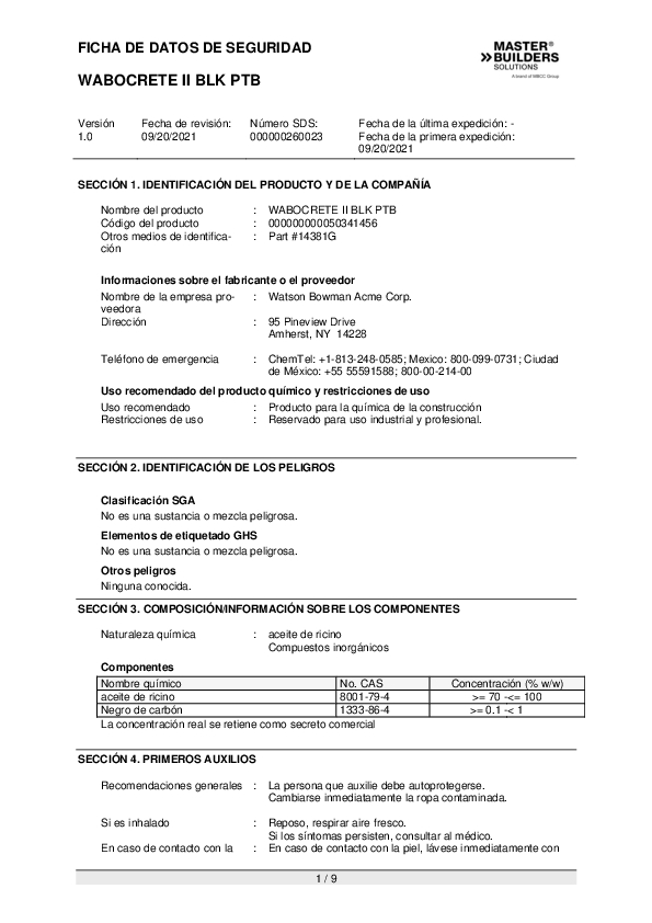 MX SDS for WABOCRETE II BLACK PTB ES Part 14381 G Cover