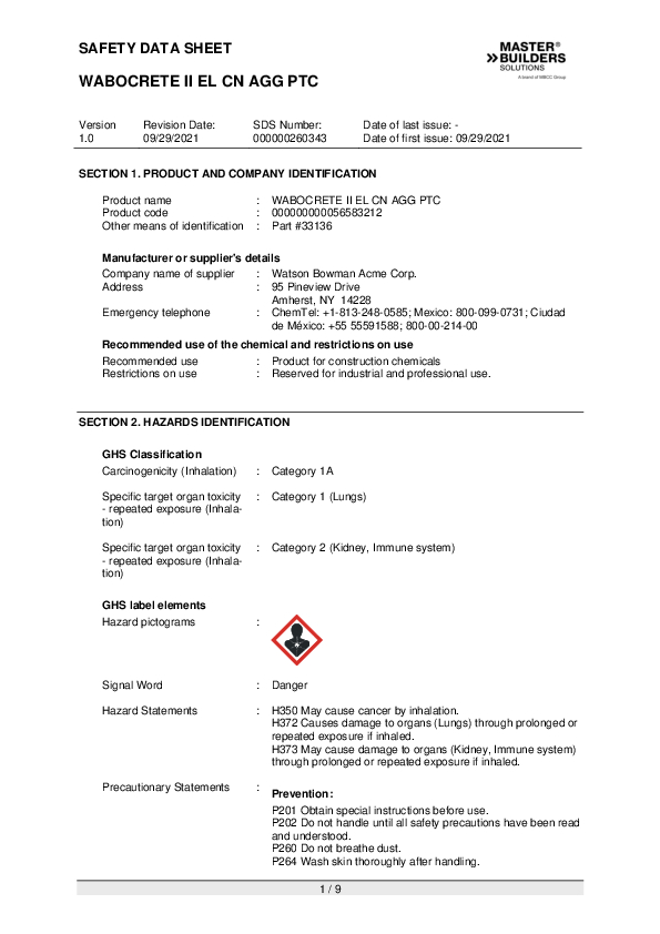 MX SDS for WABOCRETE II EL CN AGG PTC EN Part 33136 Cover