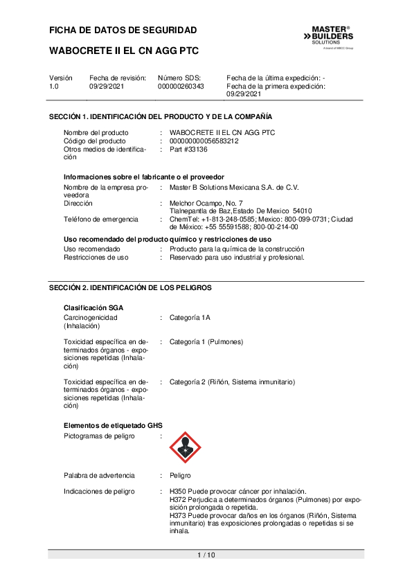 MX SDS for WABOCRETE II EL CN AGG PTC ES Part 33136 Cover