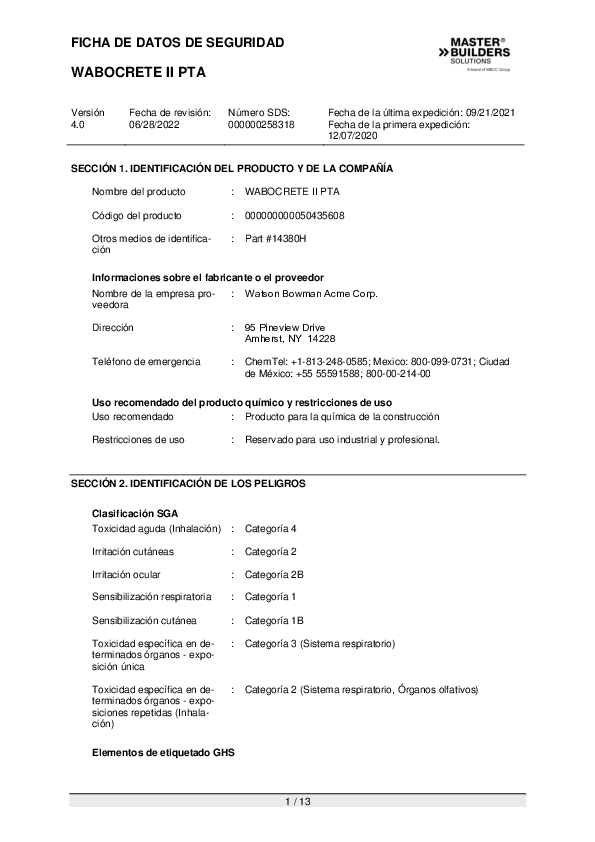 MX SDS for WABOCRETE II PTA ES Part 14380 H V4 Cover