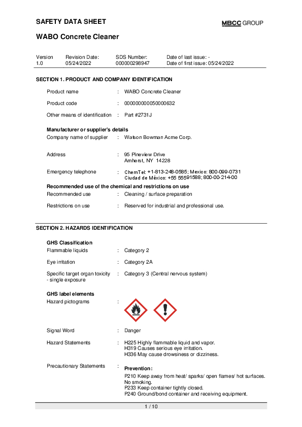 MX SDS for Wabo Concrete Cleaner EN Part 2731 J Cover
