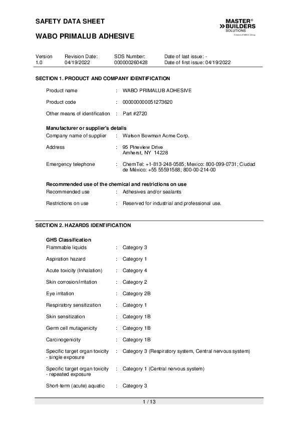 MX SDS for Wabo Prima Lub Adhesive EN Part 2720 Cover