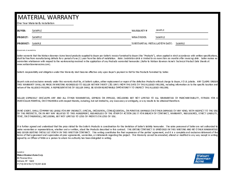 One Year Material Warranty Cover