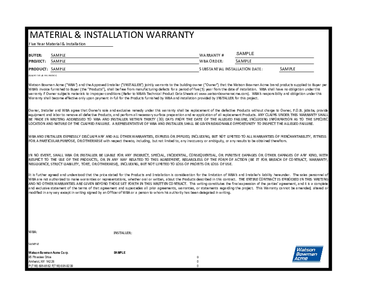 Material & Installation Warranty (Sample) Cover