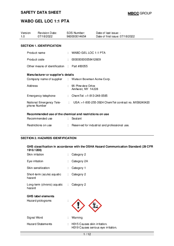 US SDS for WABO GEL LOC 1 to 1 Part A EN Part 80055 Cover