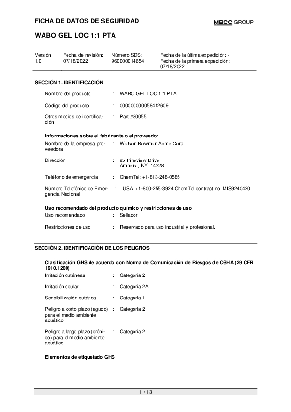 US SDS for WABO GEL LOC 1 to 1 Part A ES Part 80055 Cover
