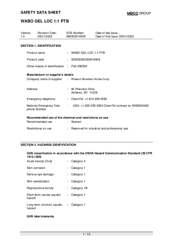 US SDS for WABO GEL LOC 1 to 1 Part B EN Part 80056 Cover