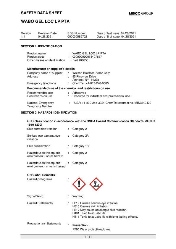 US SDS for WABO GEL LOC LP PTA EN Part 80050 Cover