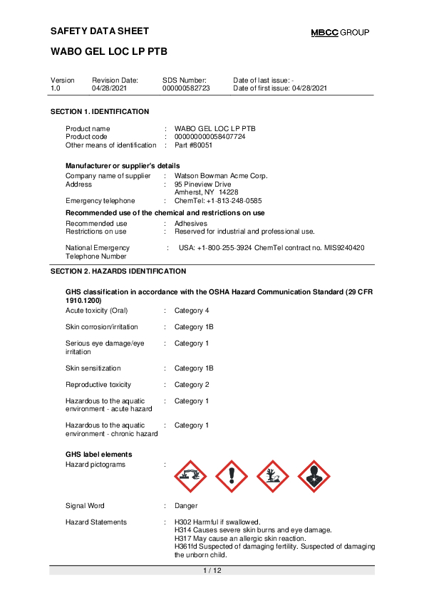 US SDS for WABO GEL LOC LP PTB EN Part 80051 Cover