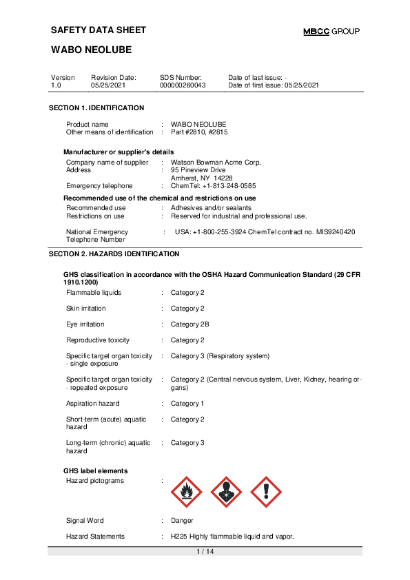 US SDS for WABO NEOLUBE EN Part 2815 Cover