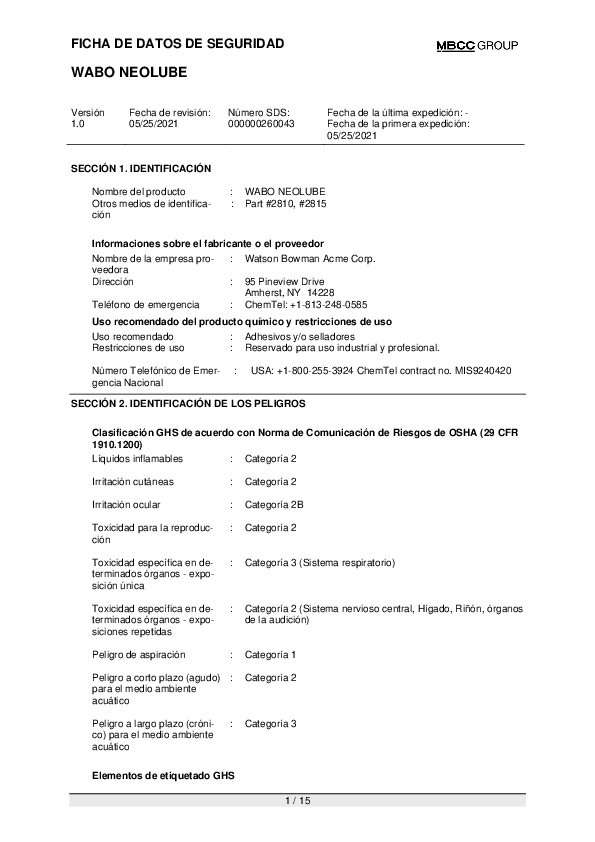 US SDS for WABO NEOLUBE ES Part 2815 Cover