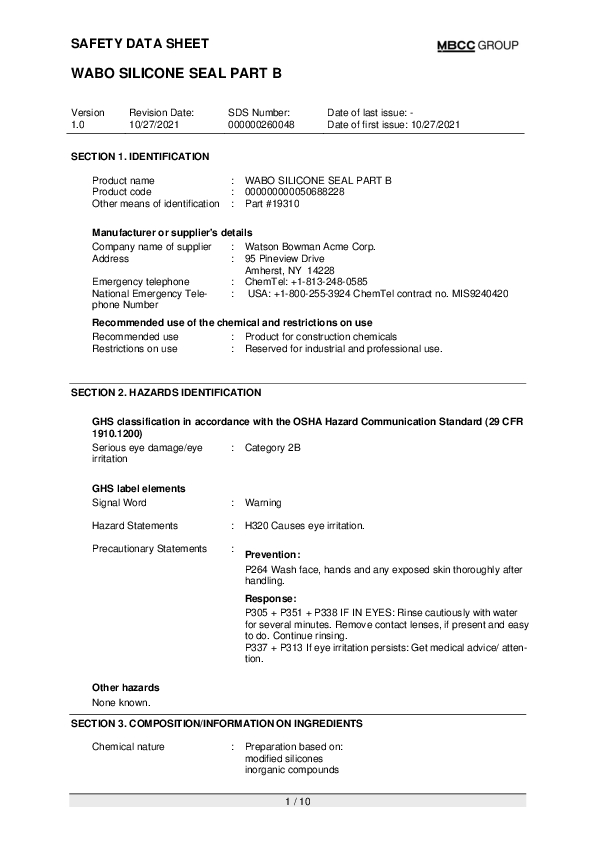 US SDS for WABO SILICONE SEAL PART B EN Part 19310 1 Cover