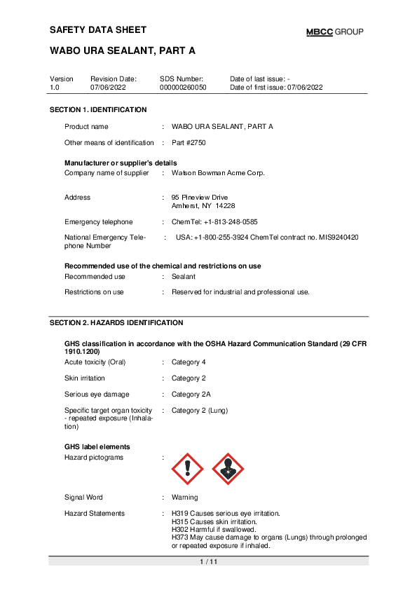US SDS for WABO URA SEALANT PART A EN Part 2750 Cover