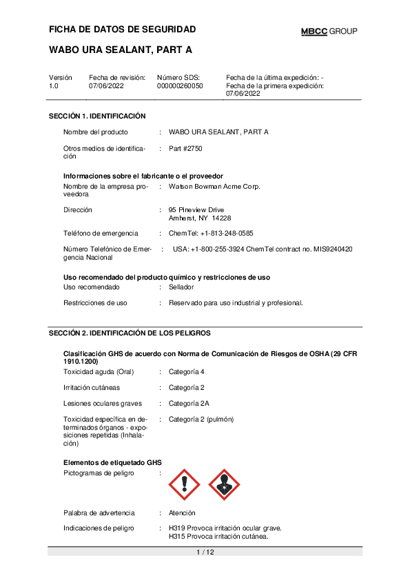US SDS for WABO URA SEALANT PART A ES Part 2750 Cover