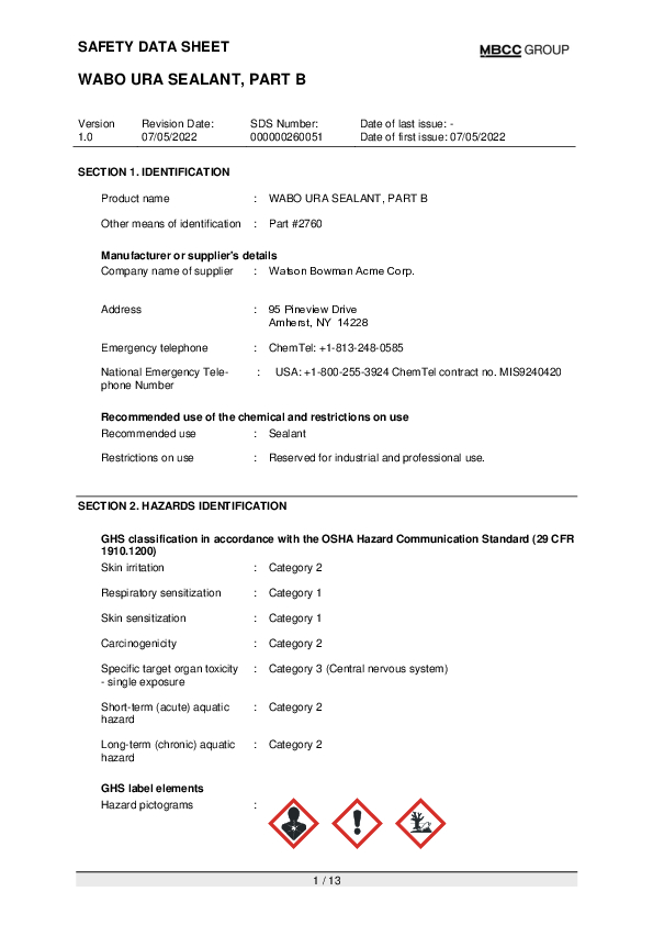 US SDS for WABO URA SEALANT PART B EN Part 2760 Cover