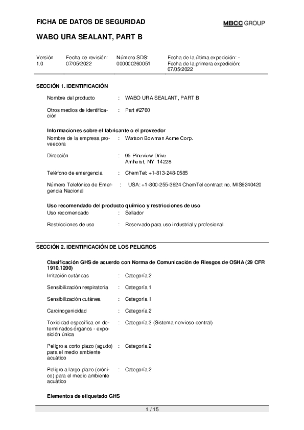 US SDS for WABO URA SEALANT PART B ES Part 2760 Cover