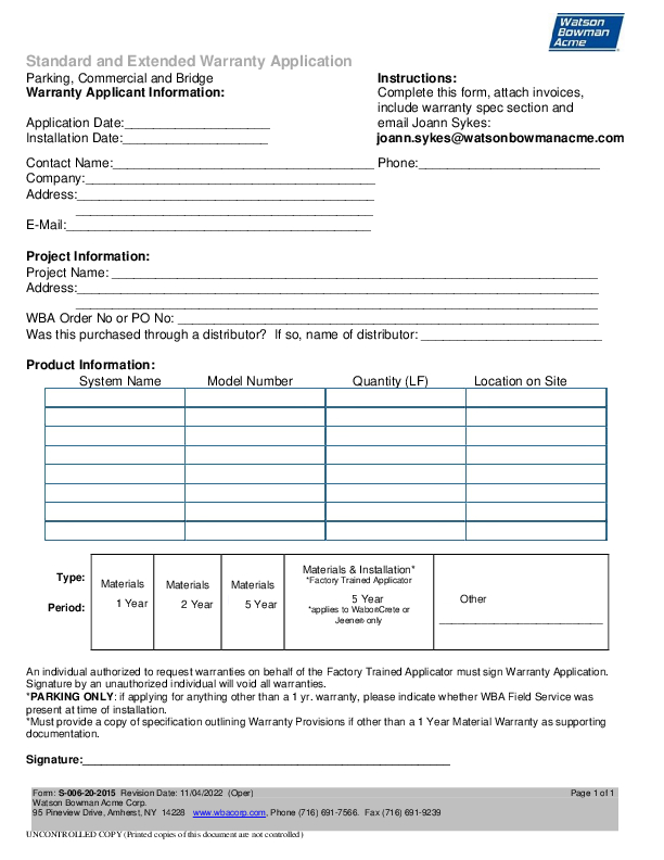 WBA Warranty Application Cover