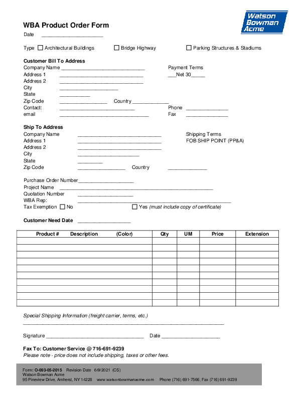 WBA Customer Service Order Form Cover