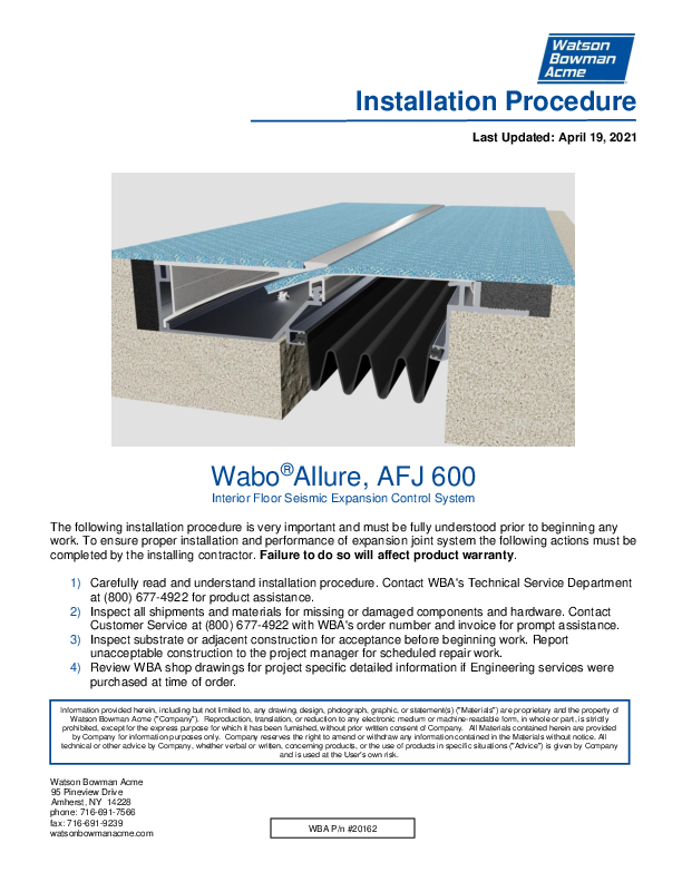 Wabo®Allure (AFJ-600) Installation Procedure Cover