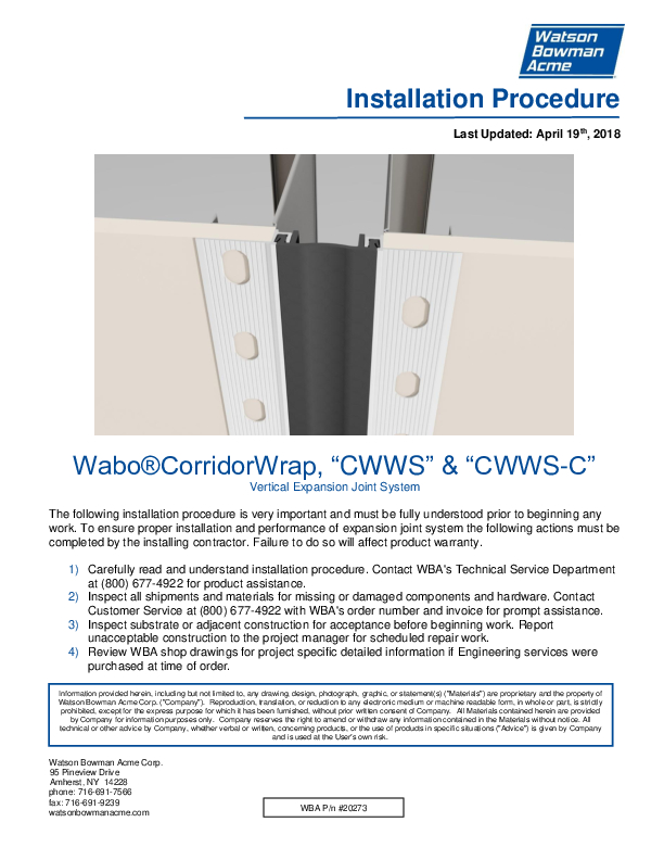 Wabo®CorridorWrap (CWWS, CWWS-C) Installation Procedure Cover