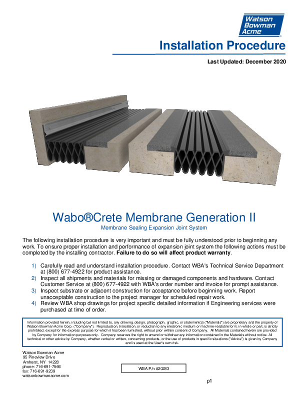 Wabo®Crete Membrane Gen. II (ME) Installation Procedure Cover