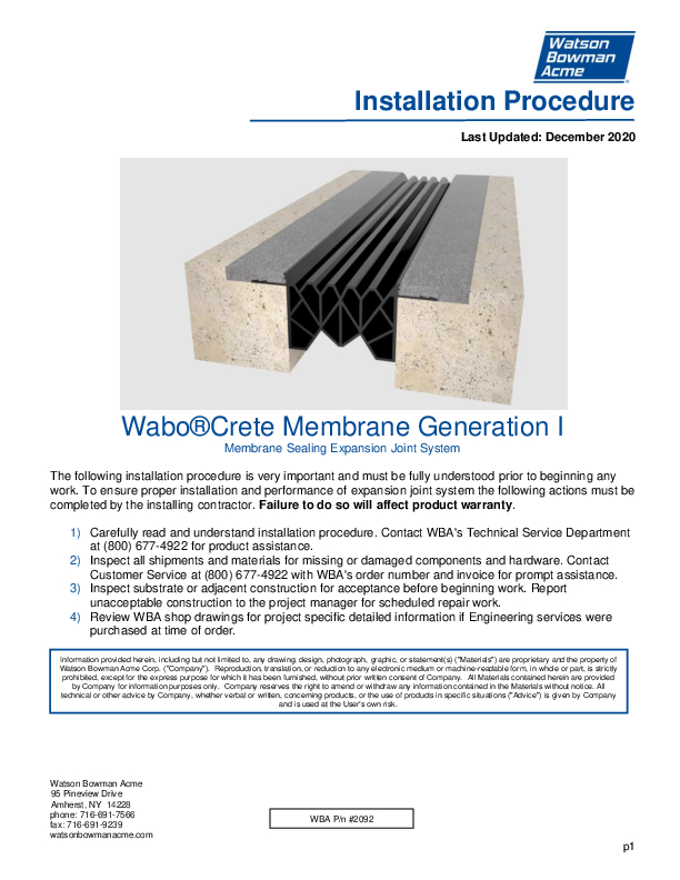 Wabo®Crete Membrane (ME, MM, MX) Installation Procedure Cover