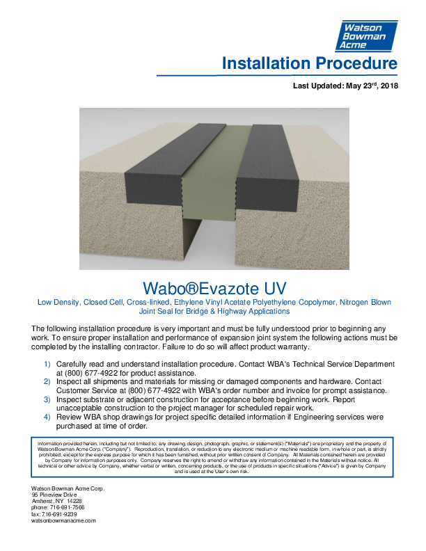 Wabo®Evazote (UV) Installation Procedure Cover