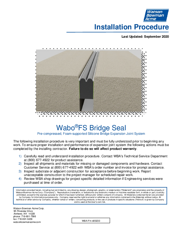 Wabo®FS Bridge Seal Installation Procedure Cover