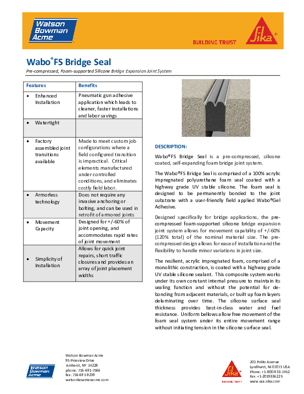 Wabo FS Bridge Seal Data Sheet Cover